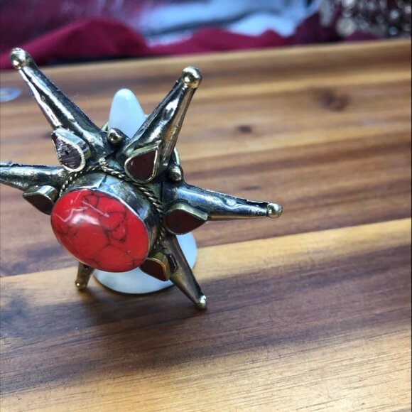 Red Stone Star Ring, Afghan Massive Ring, Handmade Statement Stone Ring, Boho - Picture 13 of 14